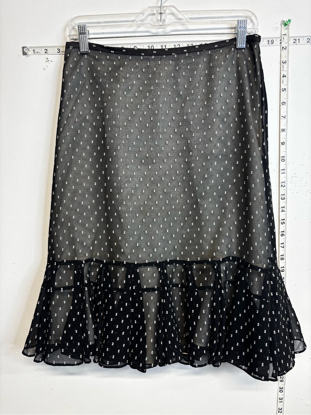 LOFT Black Sheer Polka Dot Midi Skirt with Ruffle Hem